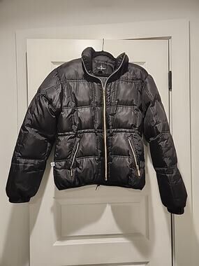 Baby Phat Womens Large Black Puffer Jacket Full Zip Winter Coat Gold Accents
